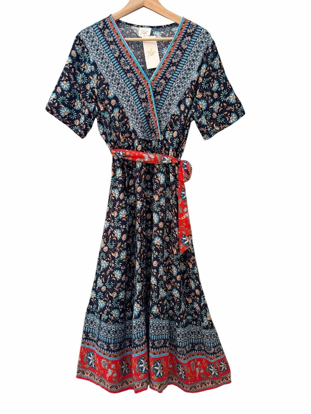 GLM Floral V-Neck Midi Dress Womens Size S Black Red Rayon Tie Waist Flowy Boho